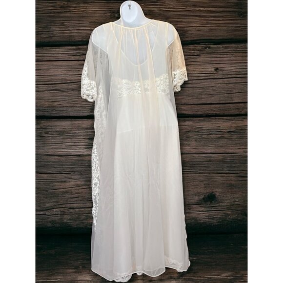 Vtg Shadow Line Nylon Ivory White Lace Maxi Intimate Sheer Slip Dress & Robe PS - Picture 5 of 16
